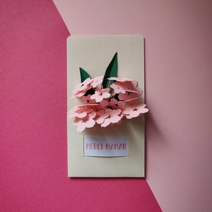 Carte avec mot personnalisé imprimé |  Hortensia ou cerisier en papier pour fête des mères, mariage, baptême, anniversaire, annonce, cadeau