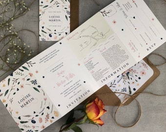 Floral folding Wedding Invitation and save the date - Luxury textured Invites, Navy and Blush,  Foliage with greenery, Emerald Collection