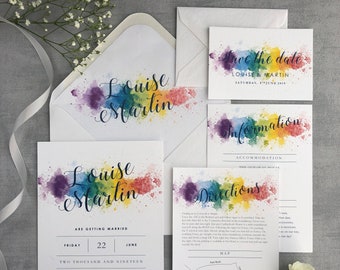 Rainbow Wedding Invitation - Luxury flat Wedding Stationery, Colourful invitation 5x7 Flat Design, Vibrant, Multicoloured - Opalite Suite