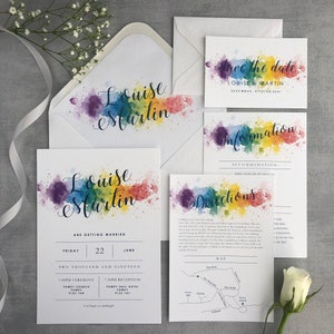 Rainbow Wedding Invitation Luxury flat Wedding Stationery, Colourful invitation 5x7 Flat Design, Vibrant, Multicoloured Opalite Suite image 1