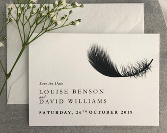 Save the Date Wedding invitations - Black and white falling feather, Wedding invitations Beautiful,elegant design. Minimalist - Jet Suite