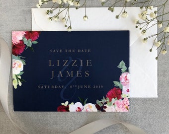 Save the Date - Navy Blue and Floral, Beautiful,elegant design. -  Ruby Suite