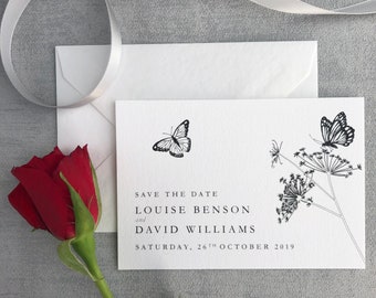 Save the Date - Black and white butterfly and Floral, Beautiful,elegant design. Minimalist - Obsidian Suite