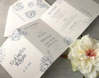 Navy Illustrated Folding Wedding Invitation - Luxury concertina Invitation, Rustic, foliage country garden themed, Petalite Wedding Suite