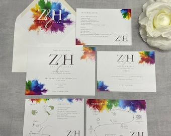 Rainbow Wedding Invitation - Luxury Wedding Stationery, Bright Colourful invitation 5x7 Flat Design, Vibrant, LGBTQ+ - Flourite Suite