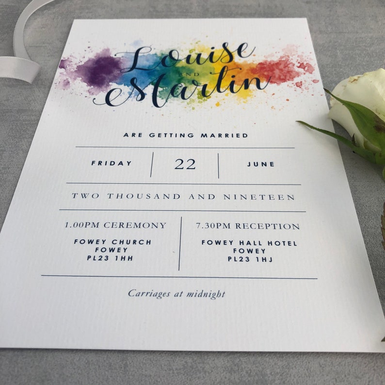 Rainbow Wedding Invitation Luxury flat Wedding Stationery, Colourful invitation 5x7 Flat Design, Vibrant, Multicoloured Opalite Suite image 3