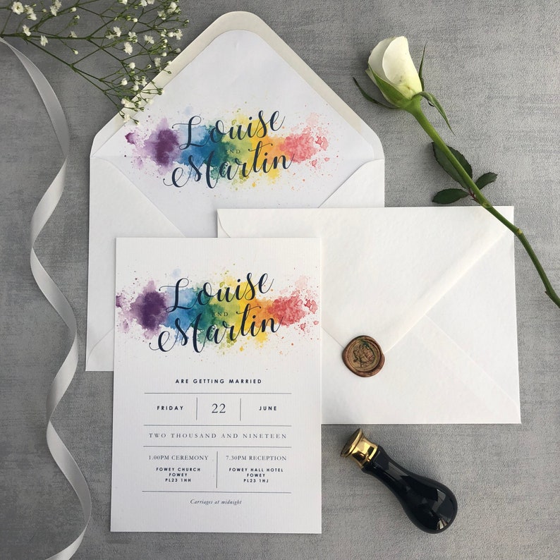 Rainbow Wedding Invitation Luxury flat Wedding Stationery, Colourful invitation 5x7 Flat Design, Vibrant, Multicoloured Opalite Suite image 5