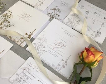 Golden floral Wedding Invitation - Luxury Smooth card, elegant flat Wedding Stationery, Beautiful golden floral field,  Square Design