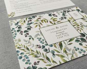 Eucalyptus,Foliage, Wedding Invitation - Luxury elegant greenery flat Wedding Stationery, Beautiful modern invitation 5x7, Amazonite Suite