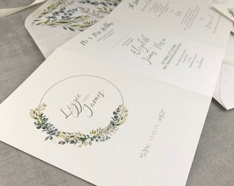 Eucalyptus Wreath Folding Wedding Invitation - Luxury concertina Invitation, Rustic, foliage and Greenery themed, Jade Wedding Collection