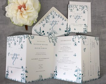 Birdcage Folding Wedding Invitation - Luxury concertina folding, On trend, Rustic and Teal themed, Agate Wedding Collection, English Garden