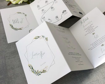 Geometric Eucalyptus Folding Wedding Invitation - Luxury concertina Invitation, Rustic, foliage & Greenery themed, Serpentine Wedding Suite