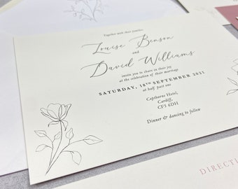 Blush Watercolour, floral Wedding Invitation - Luxury elegant flat Stationery, Beautiful timeless invitation 5x7, Moonstone Suite