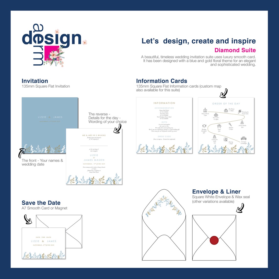 Save the Date Blue and Gold Floral Beautifulelegant Etsy