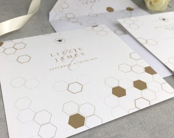 Geometric Wedding Invitation - Luxury Smooth card, elegant flat Wedding Stationery, golden floral field,  Square Design