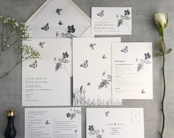 Elegant Butterfly  Wedding Invitation - Luxury elegant flat Wedding Stationery, Beautiful invitation 5x7 Flat Design, Black and white