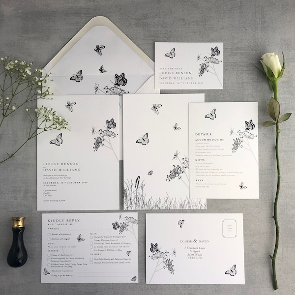 Elegant Butterfly  Wedding Invitation - Luxury elegant flat Wedding Stationery, Beautiful invitation 5x7 Flat Design, Black and white