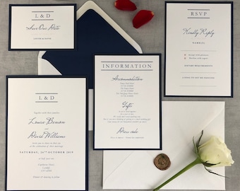 Modern Classic  Wedding Invitation - Luxury elegant Navy and white flat Wedding Stationery, Beautiful timeless invitation 5x7, Lapis Suite