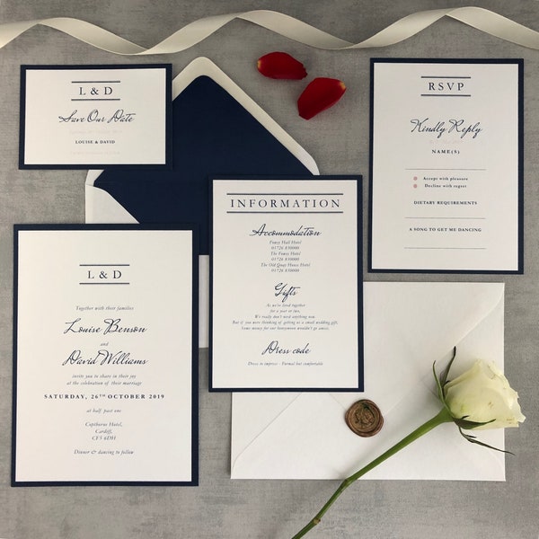 Moderne klassische Hochzeitseinladung - Luxus elegante Marine und weiße flache Hochzeitseinladung, schöne zeitlose Einladung 5x7, Lapis Suite