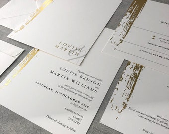 Gold Foil  Wedding Invitation - Luxury elegant flat Wedding Invitation, Beautiful timeless invitation 5x7 Flat Design Rutile Collection