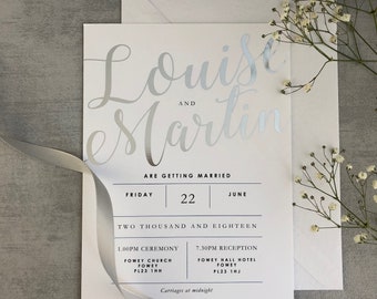 Silver Foil  Wedding Invitation - Luxury elegant flat Wedding Invitation, Beautiful timeless invitation 5x7 Flat Design