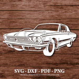 May include: White silhouette of a classic car, possibly a Ford Thunderbird, with a woodgrain background.  SVG - DXF - PDF - PNG. Original designs by CutsyStudio.Etsy.com