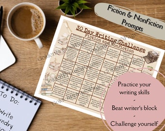 30-Day Writing Challenge/Fiction & Nonfiction/Daily Prompts/Writer's Block Solution/Digital Printable PDF/Inspiration Motivation Exercise