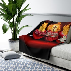 60 x 80 Queen Sherpa Fleece Blanket Three Hearts Catholic Blanket Sacred Heart Immaculate Heart Chaste Heart