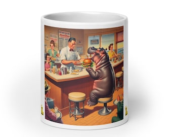 Crazy Hippo Fun Eating at a Diner White glossy mug