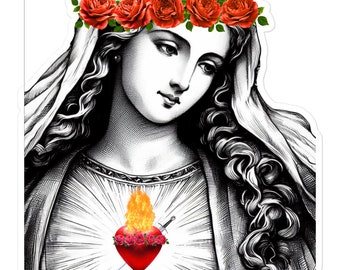 Blessed Mother Immaculate Heart BW and Red Heart and Roses Bubble-free stickers