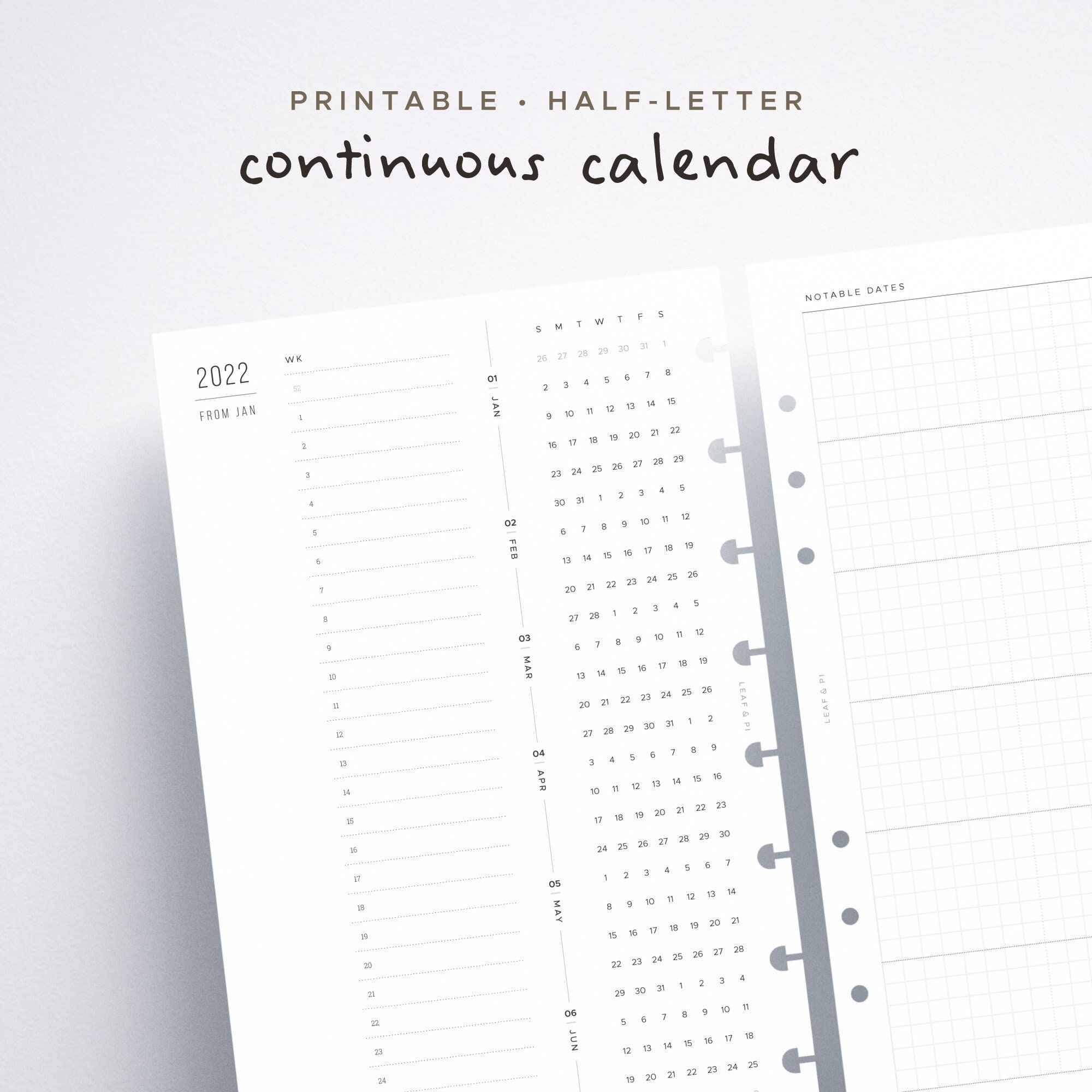 2022 Continuous Calendar Half-letter Inserts PDF Dated, Sunday Start - Etsy