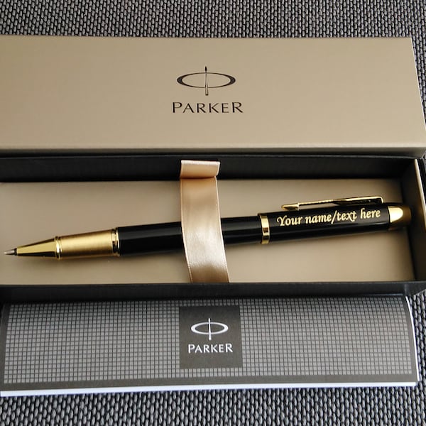 Personalised Engraved Parker IM Black with Gold Trim Rollerball Pen with your name or text! Great gift idea for Birthday Wedding Christmas