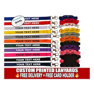 May include: A collection of multi-coloured lanyards featuring the text YOUR TEXT HERE, each equipped with a metal lobster clasp. Beside them are matching plastic ID card holders in various colours, including blue, red, white, yellow, grey, orange, green, purple, pink, and black.