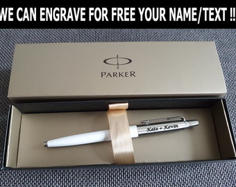 Parker Jotter Standard White personnalisé avec stylo à bille Chrome Trim, stylos gravés Grande idée cadeau pour le mariage, anniversaire, cadeaux de Noël