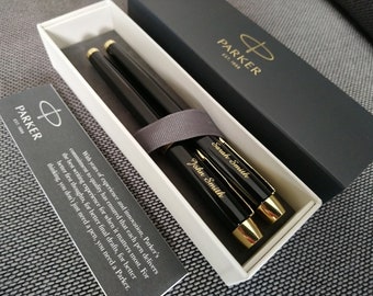 Rollerball personnalisé Parker IM noir avec bordure dorée + Stylo plume gravé dans une belle boîte cadeau Idéal pour un ensemble de stylos cadeau