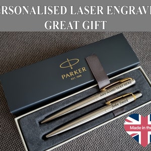 Personalised Engraved Parker Jotter Pen or set Fountain Pen Stainless Steel Gold Trim Gift Box Fast UK