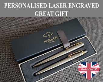 Personalised Engraved Parker Jotter Pen or set Fountain Pen Stainless Steel Gold Trim Gift Box Fast UK