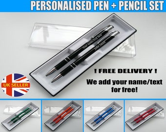 Ensemble de stylos personnalisés, stylo à bille en métal + crayon laser gravé avec coffret cadeau de grands stylos pour professeur d’école