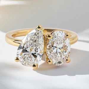 Toi et Moi-ring – twee stenen belofte en verlovingsring, bijpassende trouwring, jubileumcadeau voor haar, trouwring, cadeau voor haar