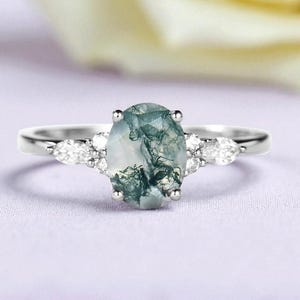 Natural Oval Moss Agate Engagement Ring – 14K Gold Vintage Cluster Marquise Diamond Moissanite Ring, Art Deco Bridal Promise Wedding Ring