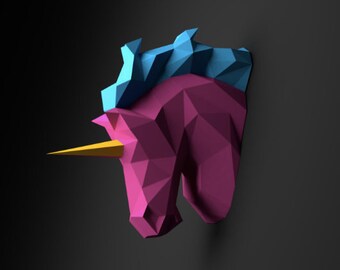 Unicorn head Papercraft, papercraft, papercraft 3d, PDF, DIY, gift, low poly papercraft, papercraft pdf, diy papercraft. 3d pdf, trophy