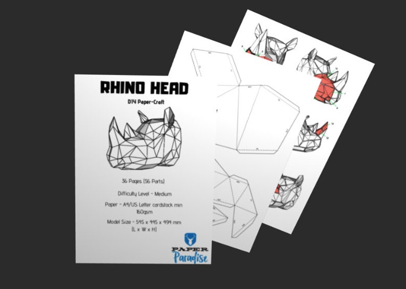 Papercraft Rhino, 3d rhino head, origami rhino, papercraft, papercraft 3d, PDF, DIY, gift, low poly papercraft, papercraft pdf, low poly image 3