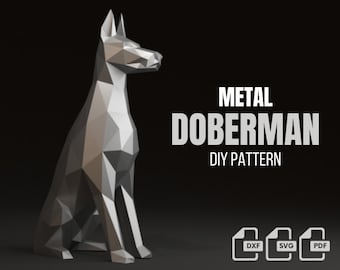 Doberman spawanie metali DIY low Poly model 3D, wzór DXF, Doberman SVG PDF, wzór cyfrowy, rzeźba metalowa, 3D PDF, cięcie laserowe CNC, zestaw spawalniczy
