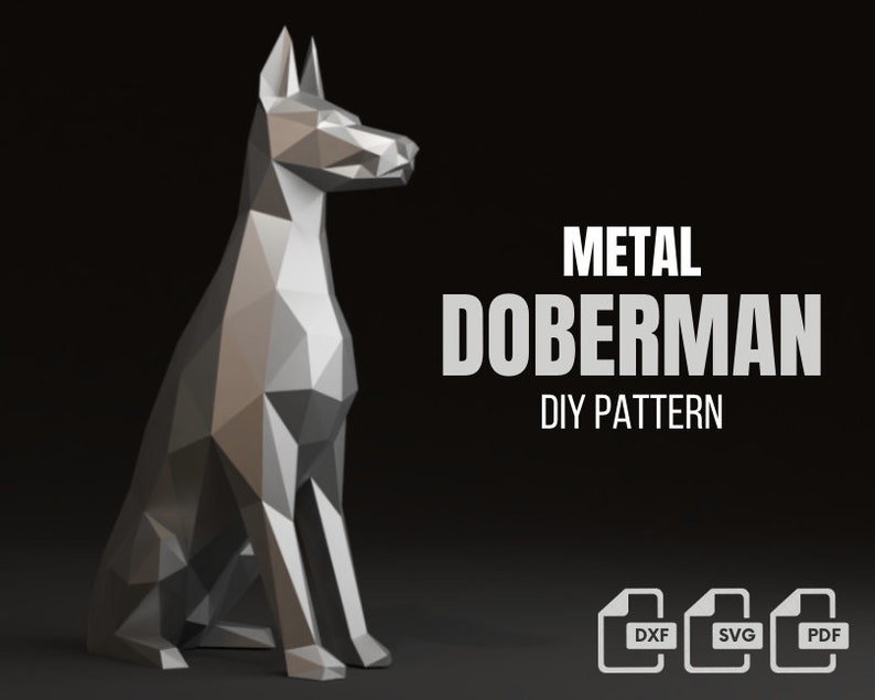 Doberman spawanie metali DIY low Poly model 3D, wzór DXF, Doberman SVG PDF, wzór cyfrowy, rzeźba metalowa, 3D PDF, cięcie laserowe CNC, zestaw spawalniczy zdjęcie 1