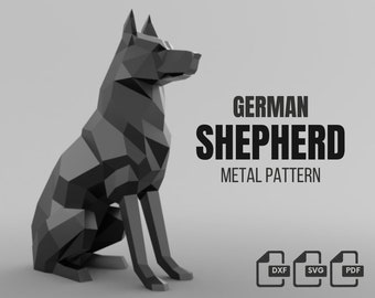 Schäferhund Metall schweißen DIY Low-Poly 3D-Modell, dxf Muster, Schäferhund svg pdf, digitales Muster, Metallskulptur, 3d pdf, cnc cut