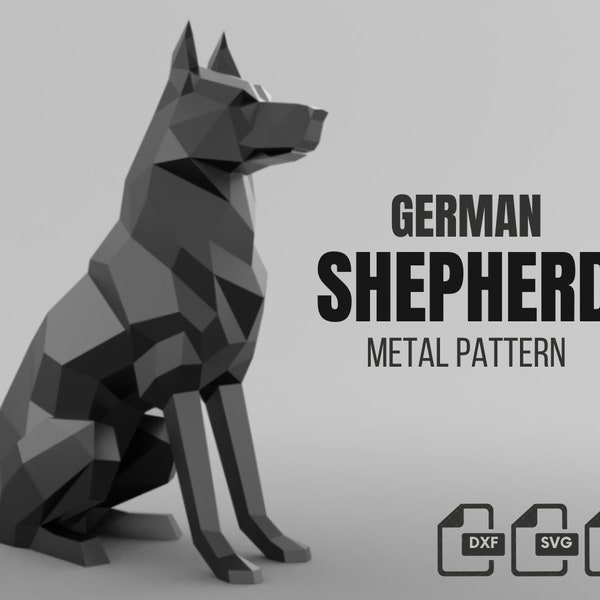 Schäferhund Metall schweißen DIY Low-Poly 3D-Modell, dxf Muster, Schäferhund svg pdf, digitales Muster, Metallskulptur, 3d pdf, cnc cut