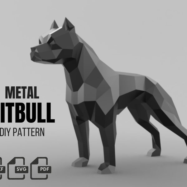 Pitbull Metallschweißen DIY Low-Poly 3D-Modell, dxf Muster, Pitbull svg pdf, digitales Muster, Metallskulptur, 3D-pdf, CNC-Laserschnitt, Schweißgerät