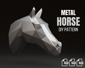 Paardenhoofd metaallassen DIY laag poly 3D-model, dxf-patroon, paard svg pdf, digitaal patroon, metalen sculptuur, cnc laser gesneden, laskits