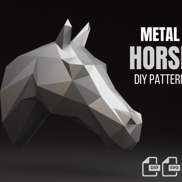 Horse head metal welding DIY low poly 3d model, dxf pattern, horse svg pdf, digital pattern, metal sculpture, cnc laser cut, welding kits
