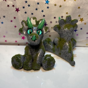 Handmade Moss covered Polymer clay stone effect Triceratops Dinosaur